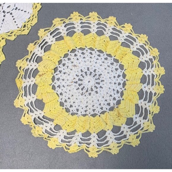 Vintage Yellow & White Crochet Doilies Set - Handmade Home Decor - Picture 3 of 11